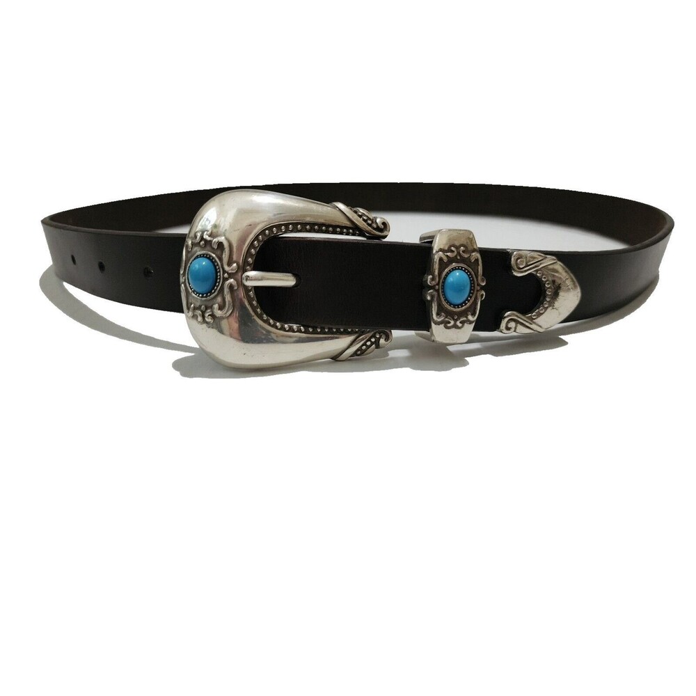 Steve Madden Women's Brown Leather Belt Silver Tone Buckle Blue Stones Size L